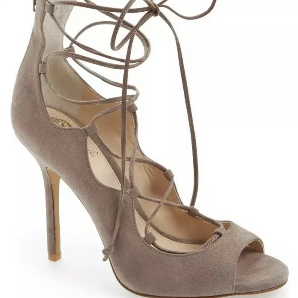 Vince Camuto Taupe Suede Lace-Up Peep Toe Stiletto Heels